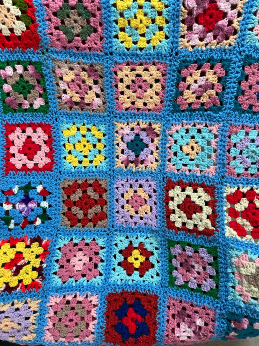 Vintage Handmade Multicolor Crochet Granny Square Quilt Blanket - Blue Trim
